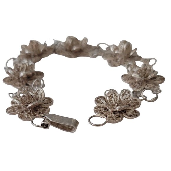 800 Spun Silver Flower Link Chain Bracelet, 8" Long E686 - Picture 4 of 8